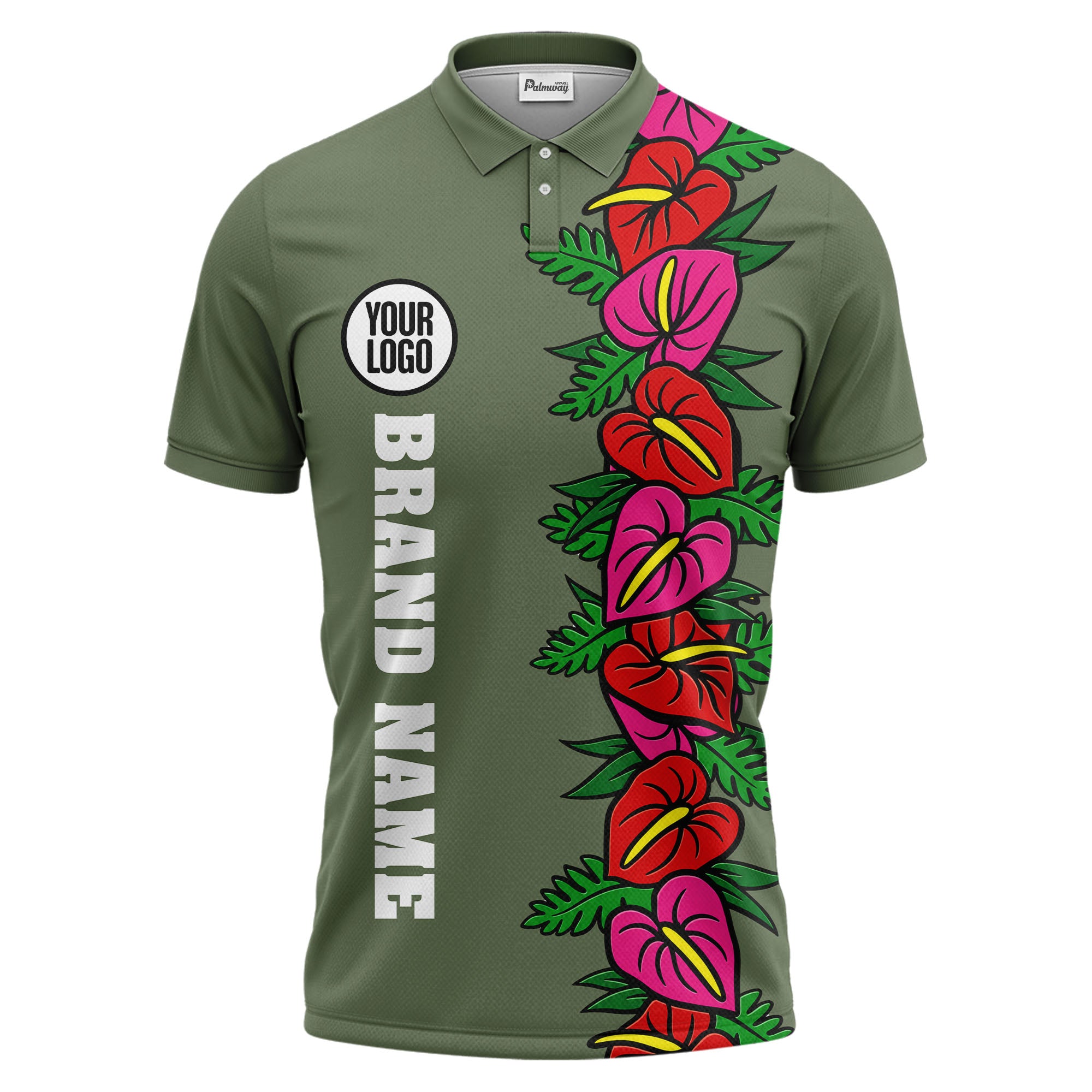anthurium & emerald leaf stripe coral red polo shirt for men