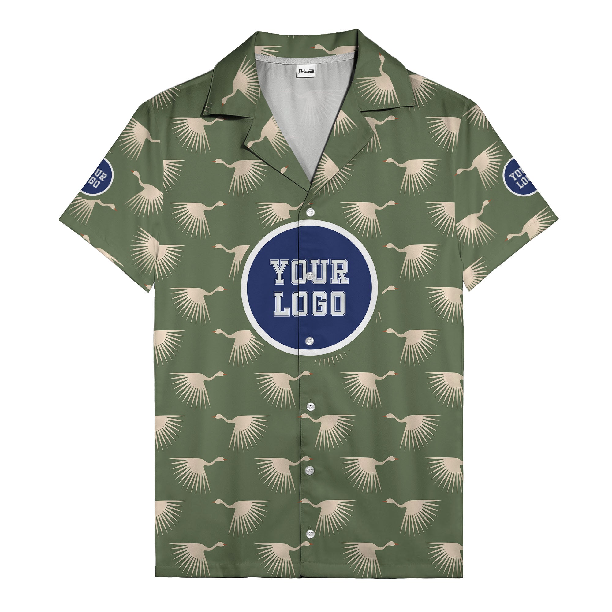 art deco crane silhouette logo beige navy hawaiian shirt