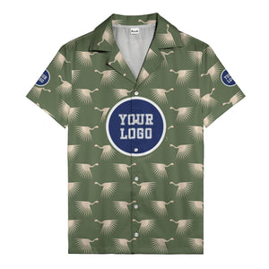 art deco crane silhouette logo beige navy hawaiian shirt