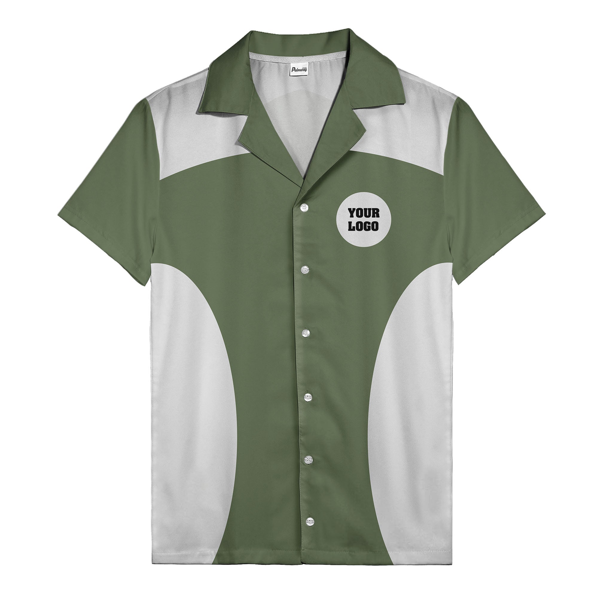 black silver geometric bowling hawaiian shirt with custom logo patch