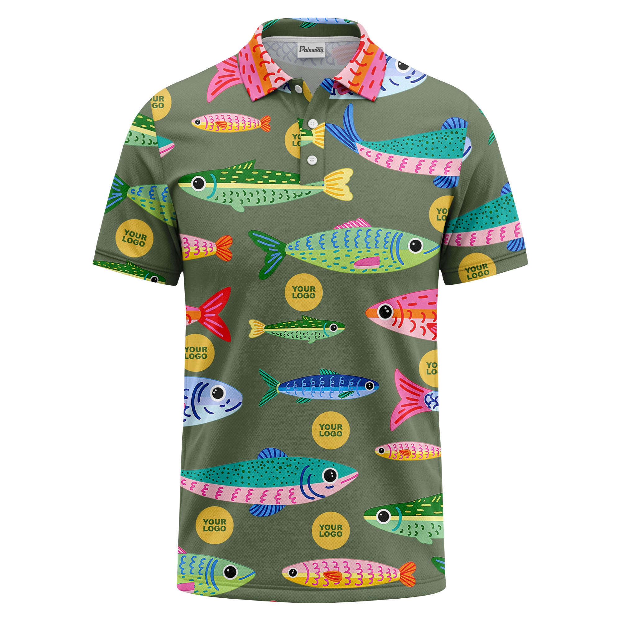 colorful cartoon fish & custom logo repeat all-over print polo shirt