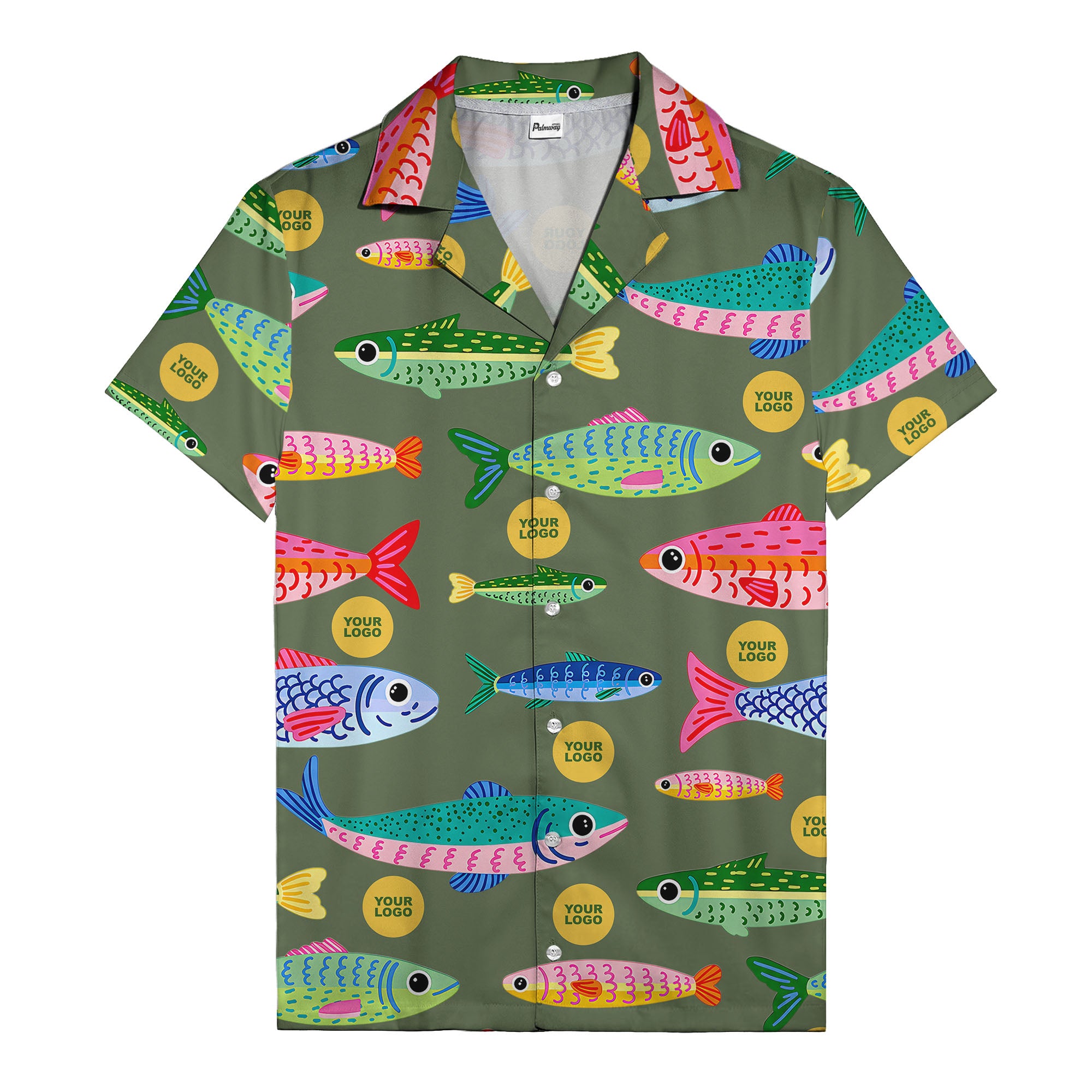 colorful cartoon fish & gold circle logo hawaiian shirt for men