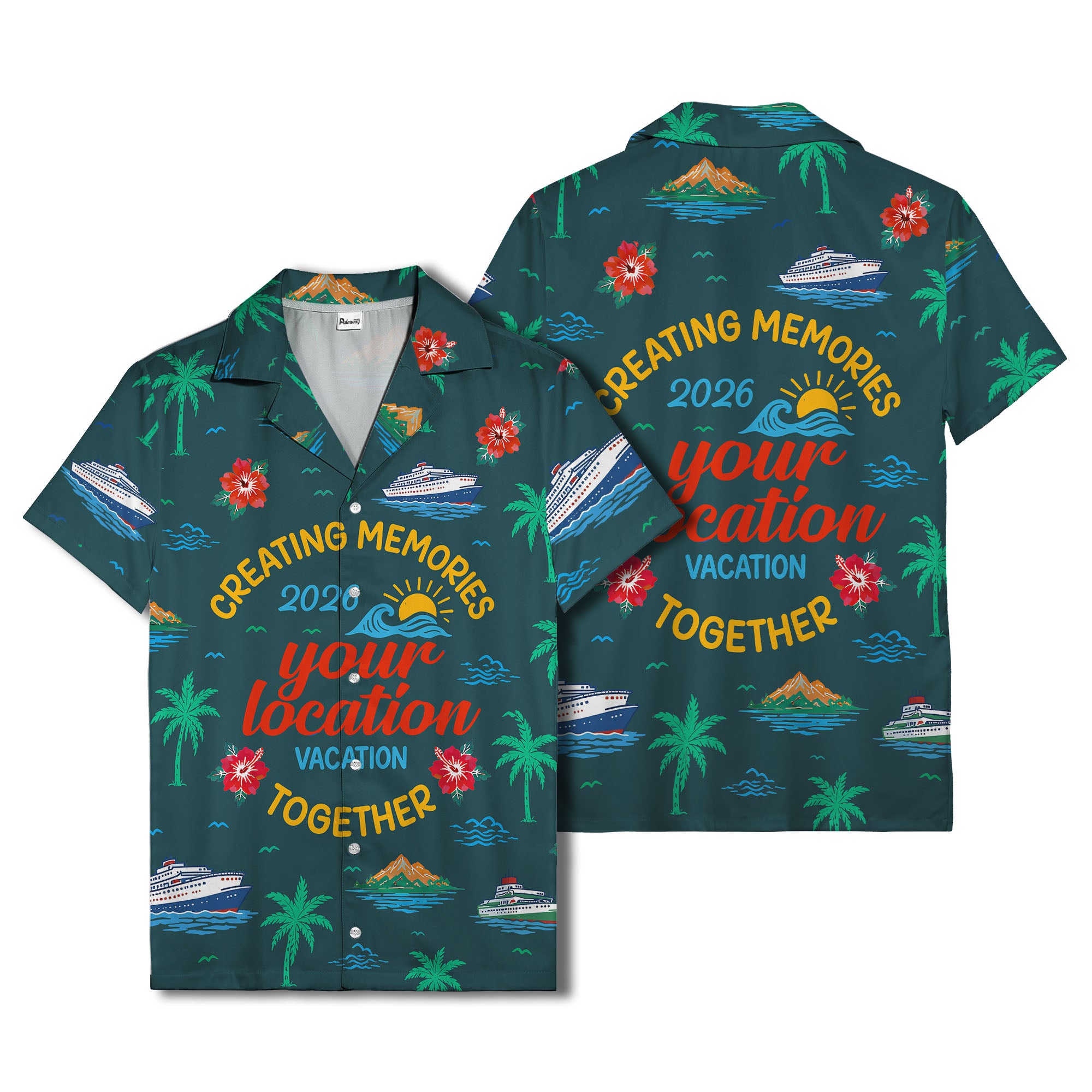 cruise ship & palm fronds watercolor vacation memories hawaiian shirt