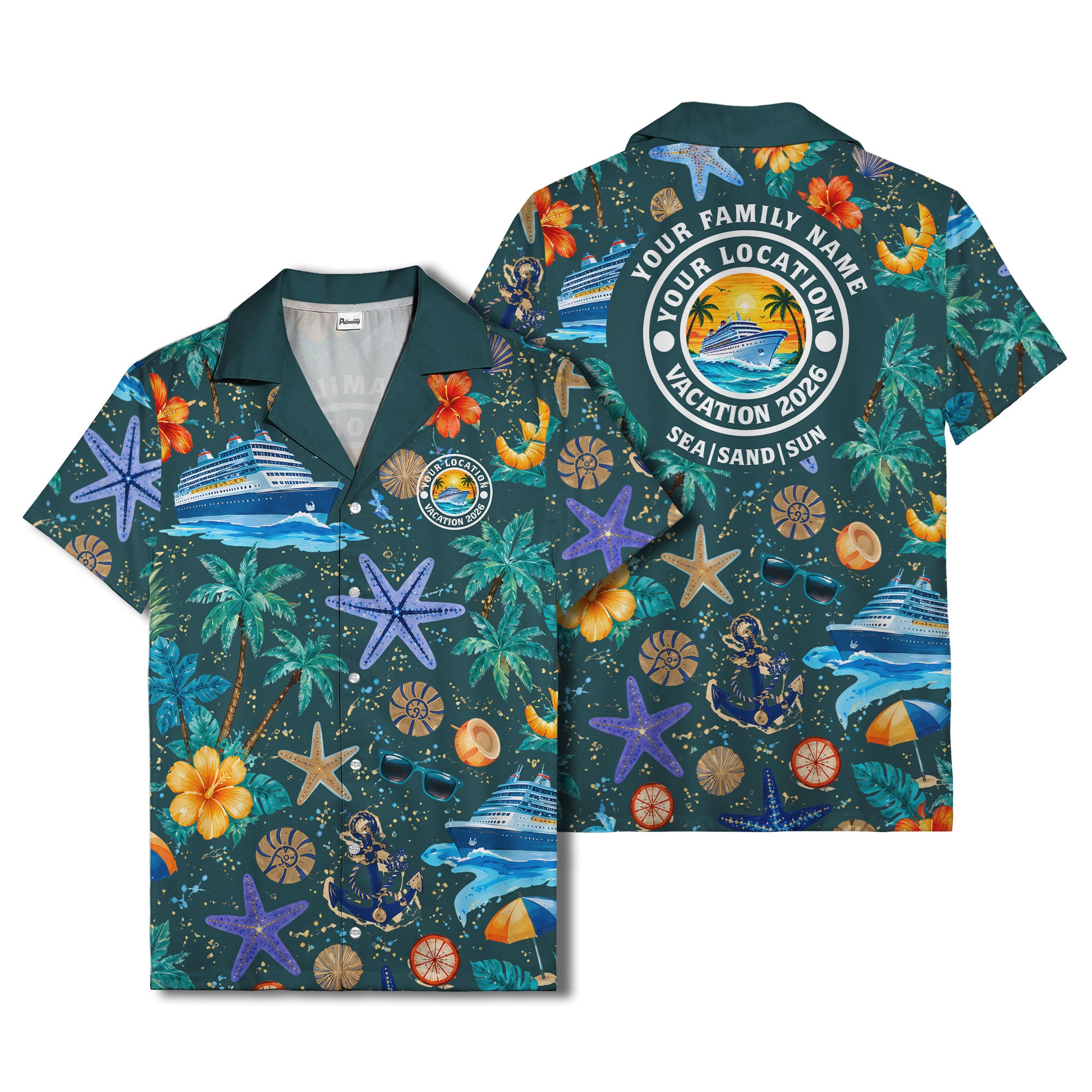 cruise ship palm trees starfish watercolor hawaiian shirt