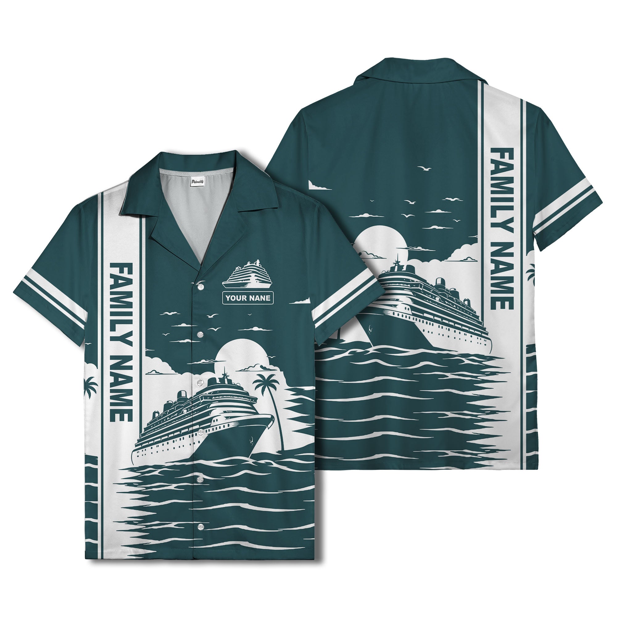 cruise ship silhouette sunset palm trees hawaiian shirt