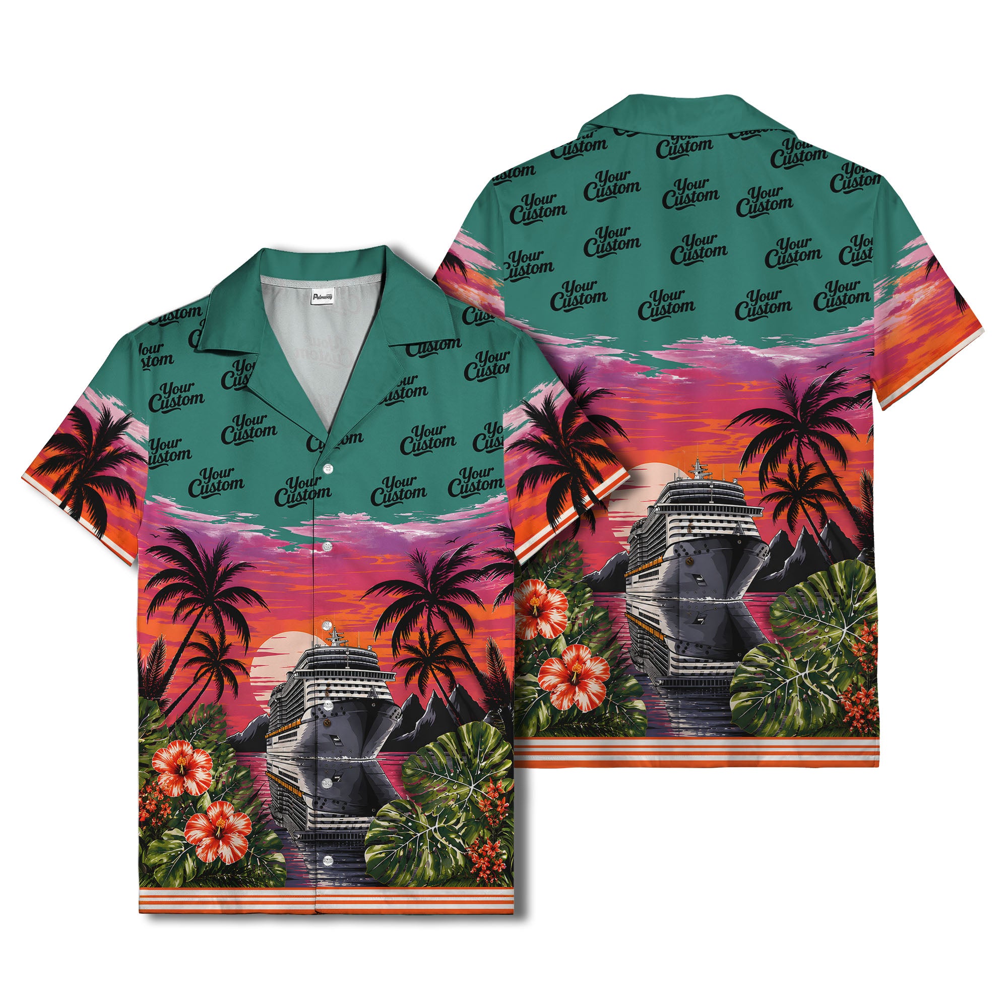 cruise ship sunset palm trees hibiscus flowers hawaiian shirt for men