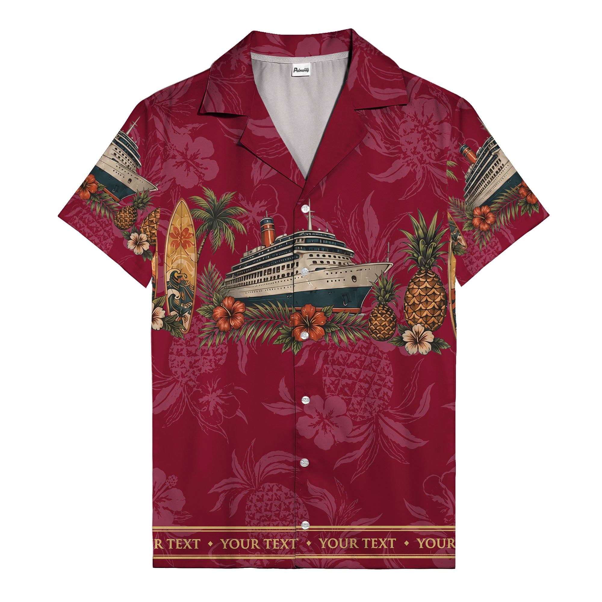 cruise ship surfboard pineapple palm hibiscus hawaiian shirt