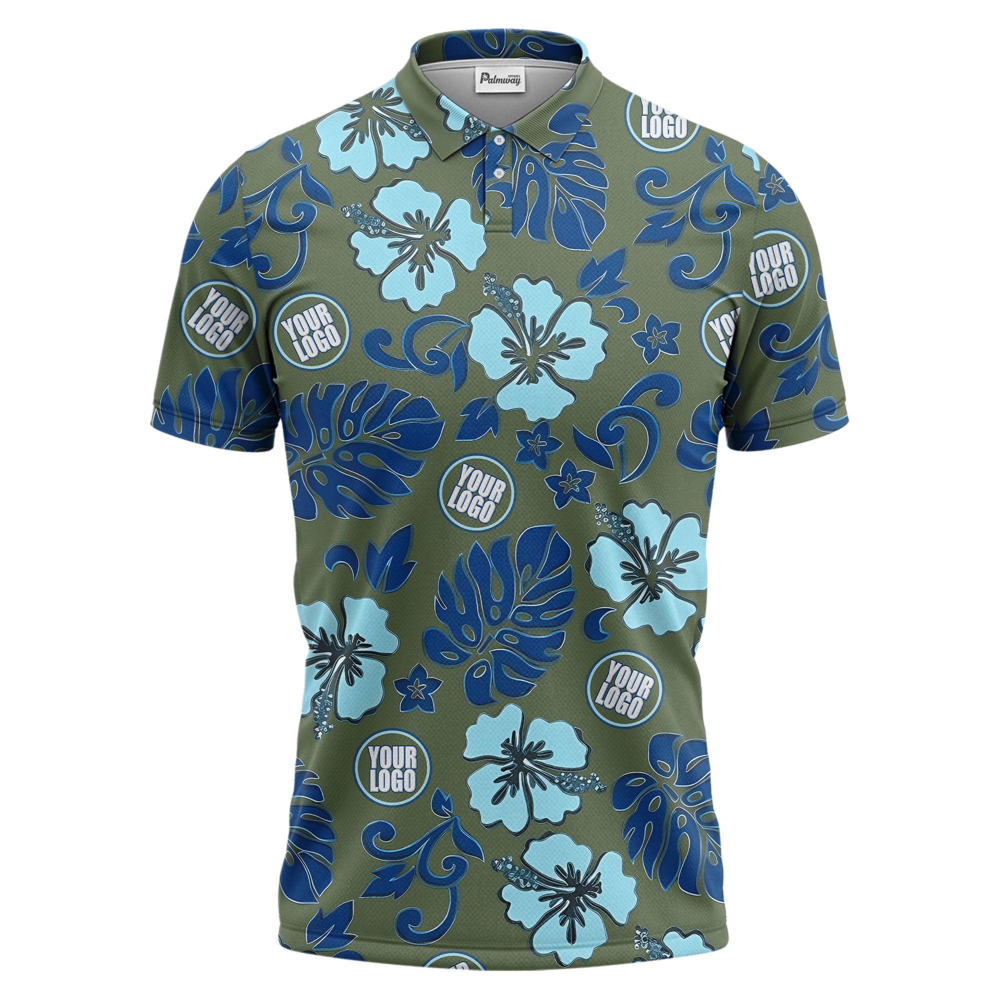 blue tropical floral polo hawaiian shirt