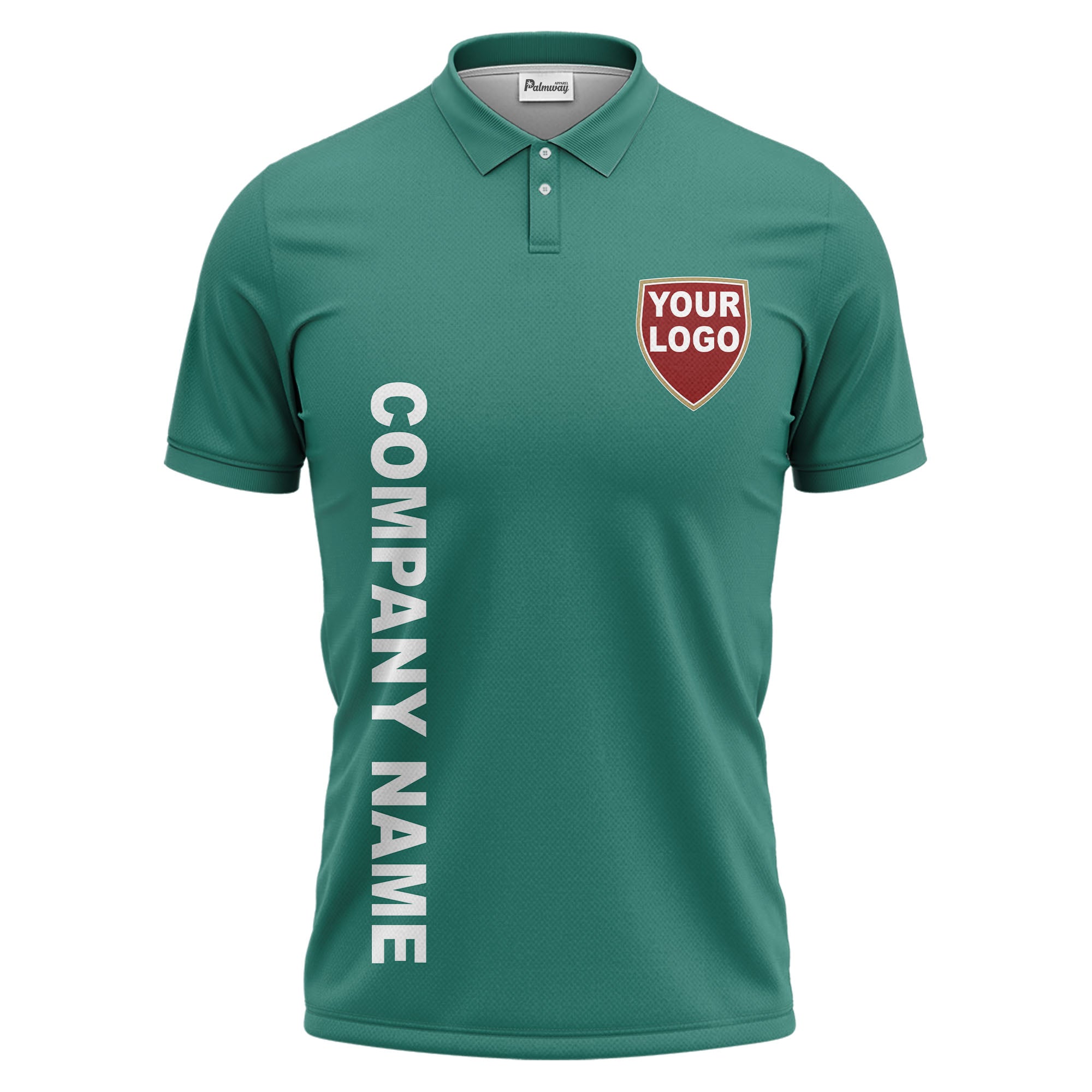 custom shield logo vertical text corporate branded polo shirt
