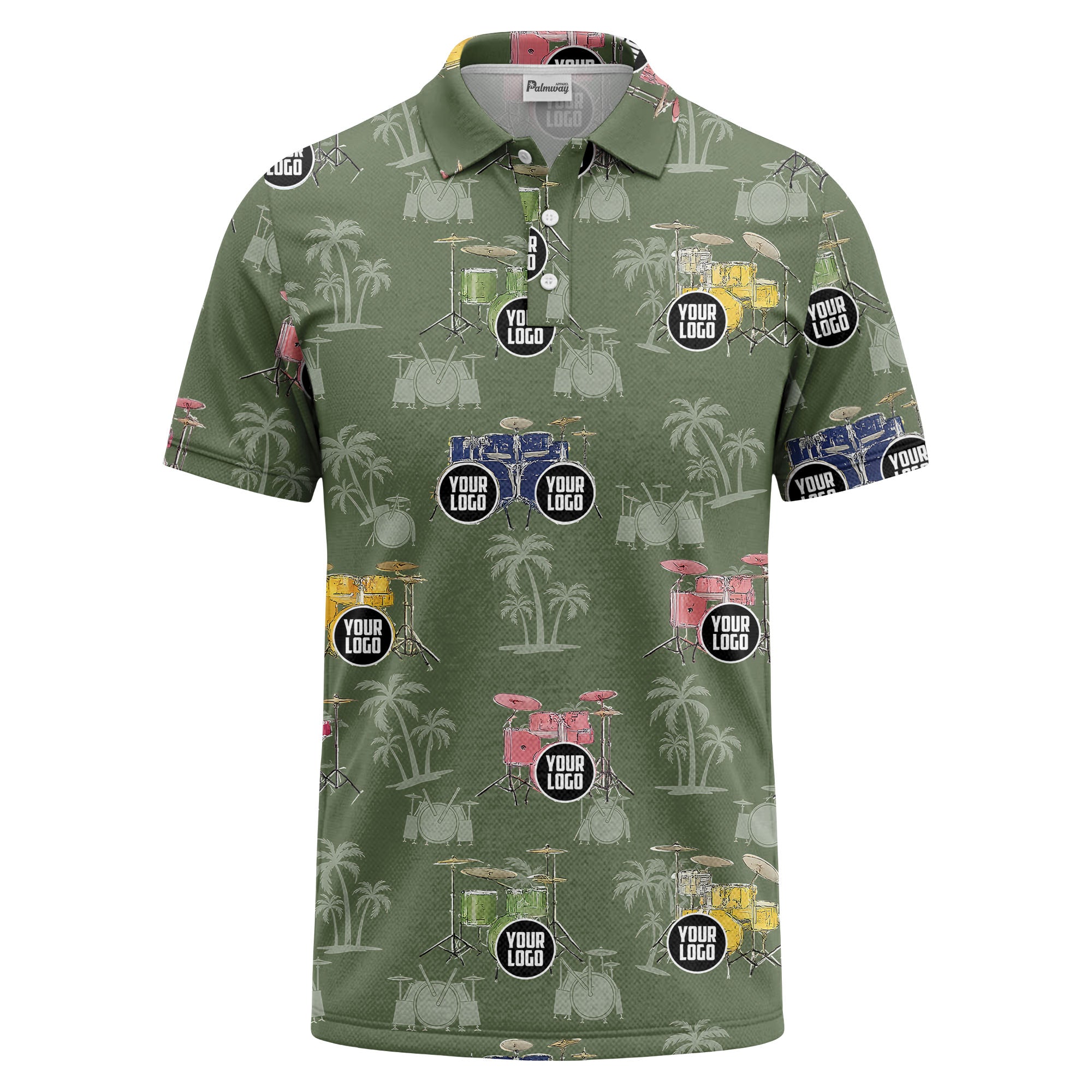 drum kit & palm tree repeat rock band polo shirt for men