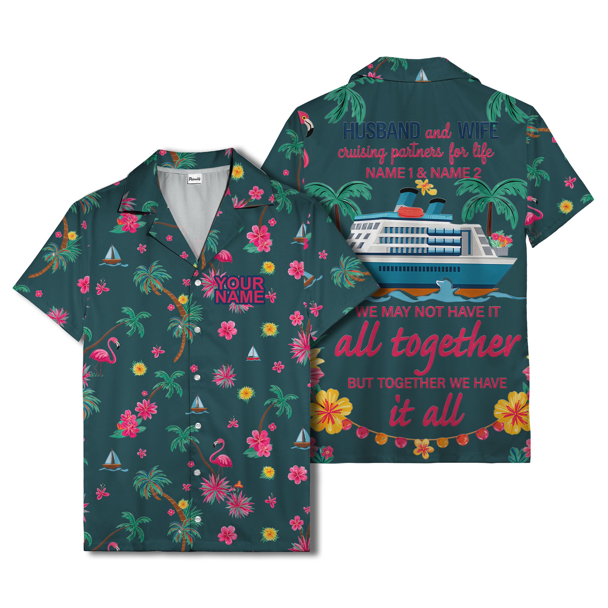 flamingo sailboat hibiscus palm watercolor hawaiian shirt