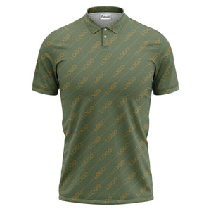 gold custom logo repeat pattern on black luxury minimalist polo shirt