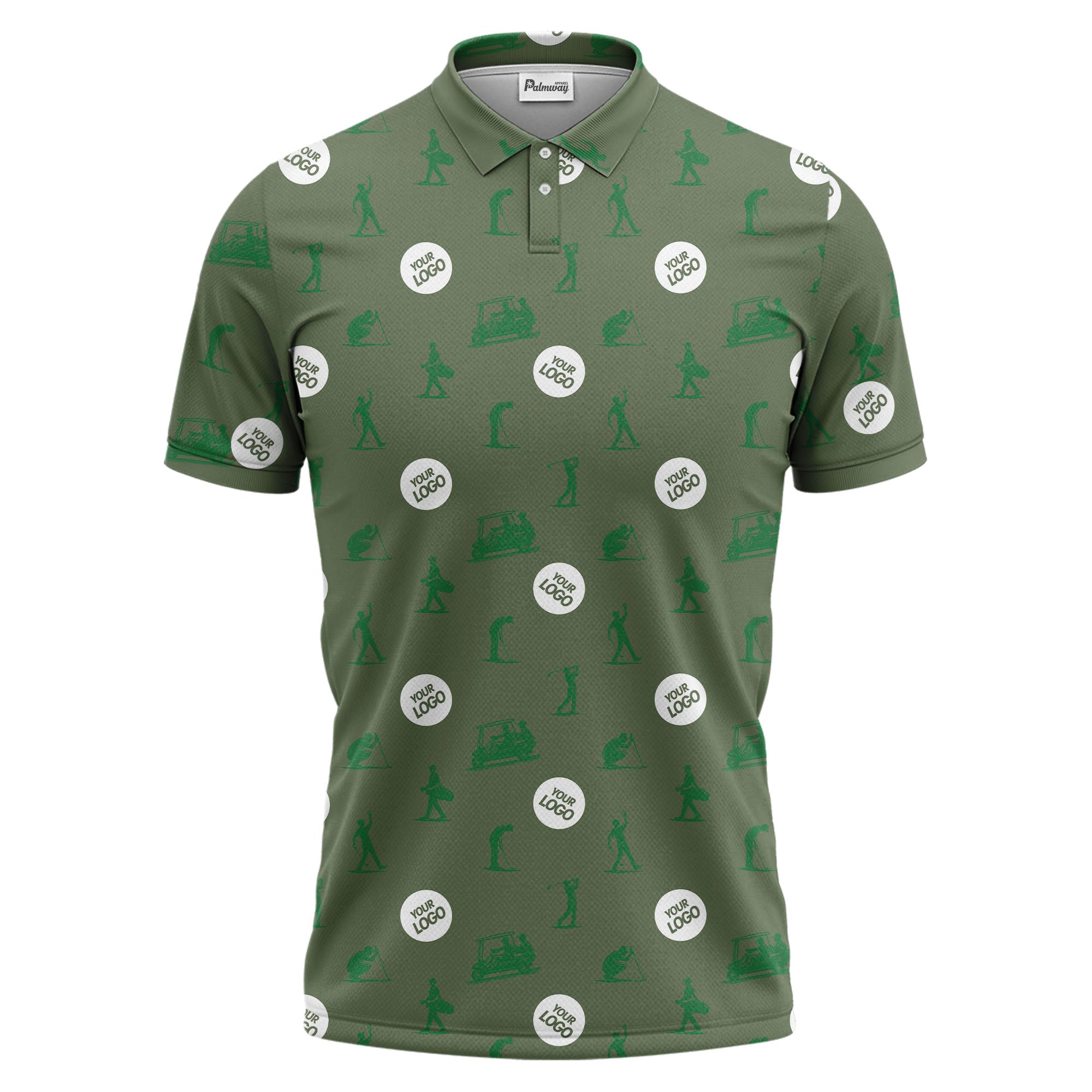 illustrated golfers golf carts repeating on green polo shirt for weekend fairway fun