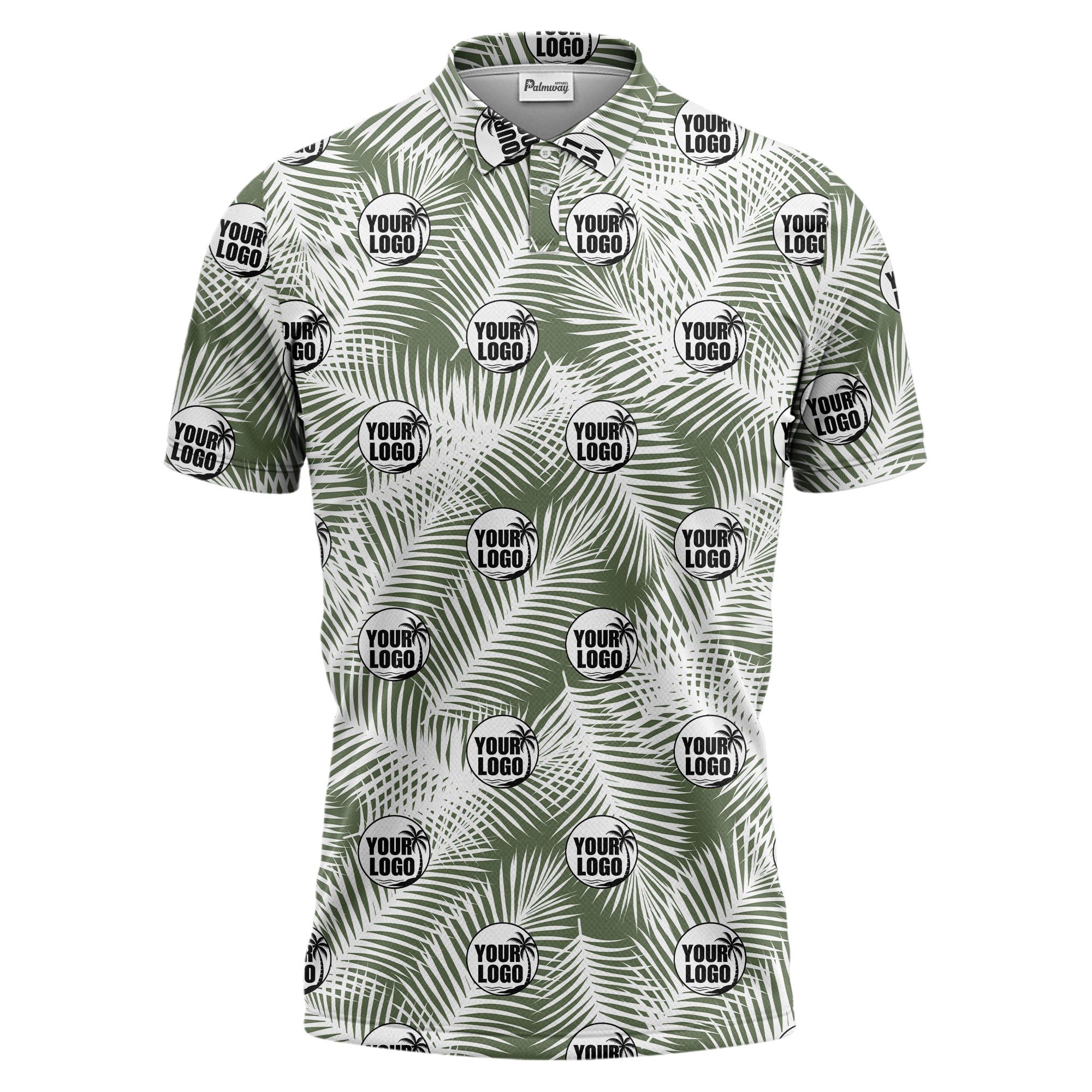 illustrated palm leaf logo repeating tropical polo shirt for men