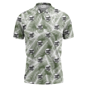 illustrated palm leaf logo repeating tropical polo shirt for men