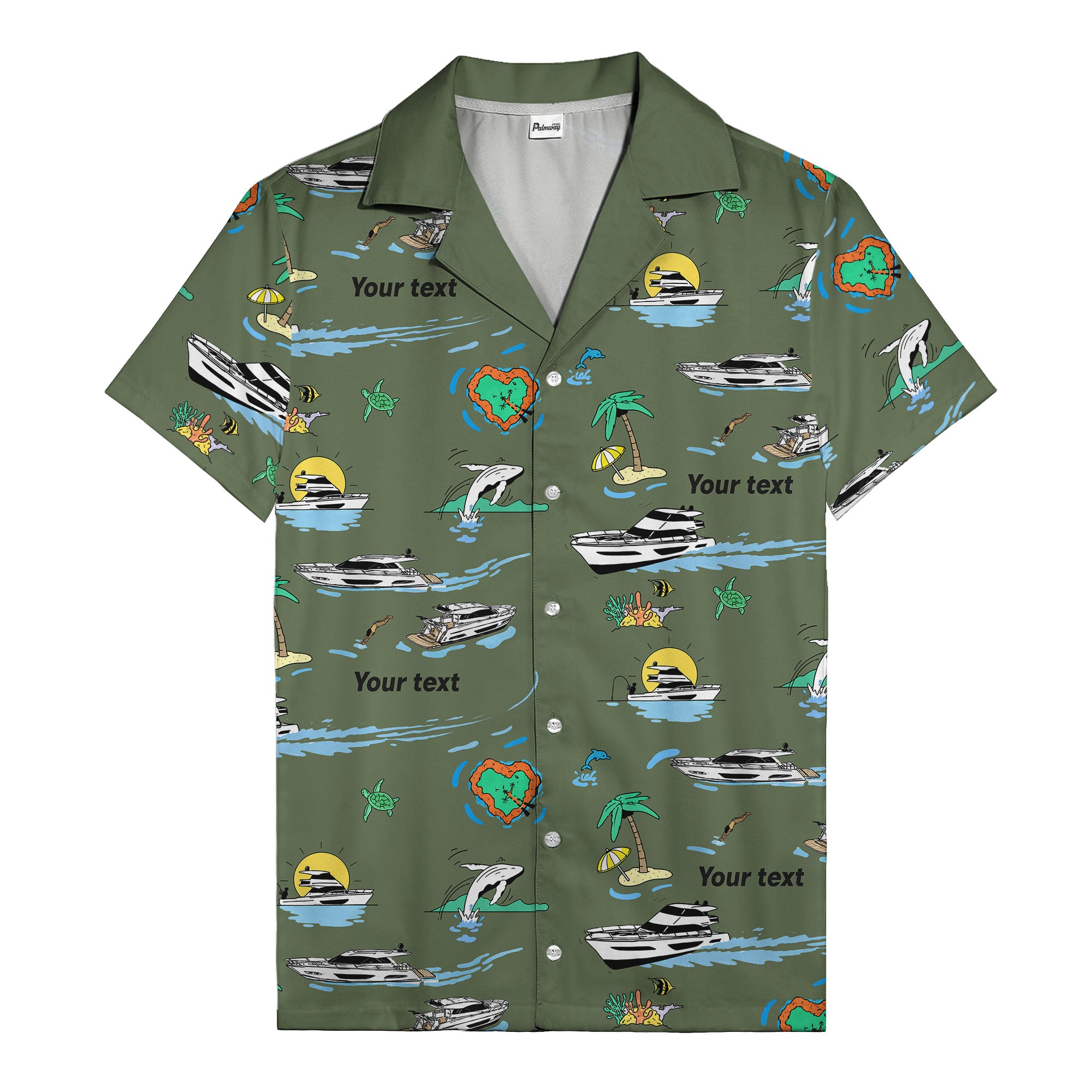 luxury yacht & heart-shaped island cartoon hawaiian shirt