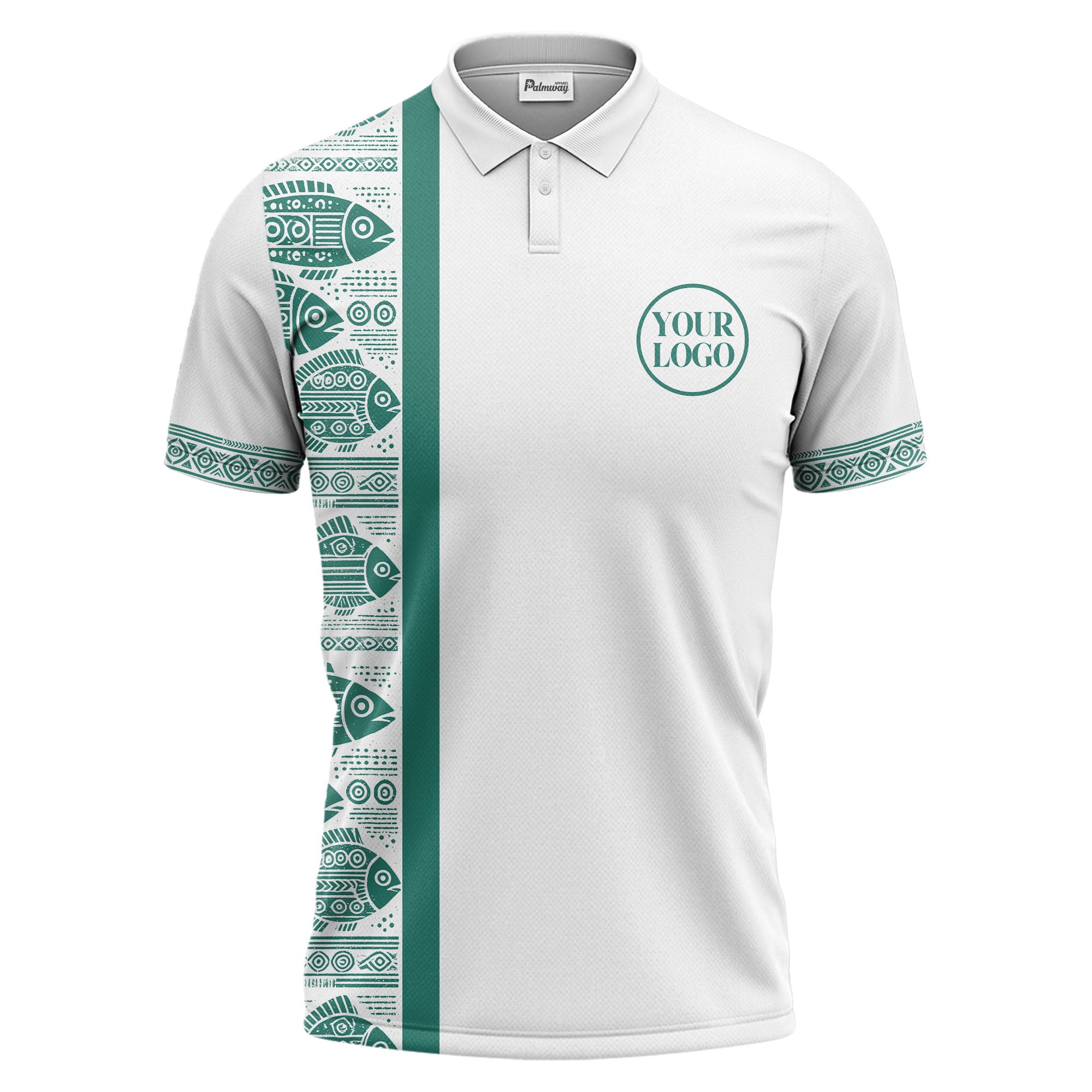 monochrome tribal fish & geometric borders patterned polo shirt for men
