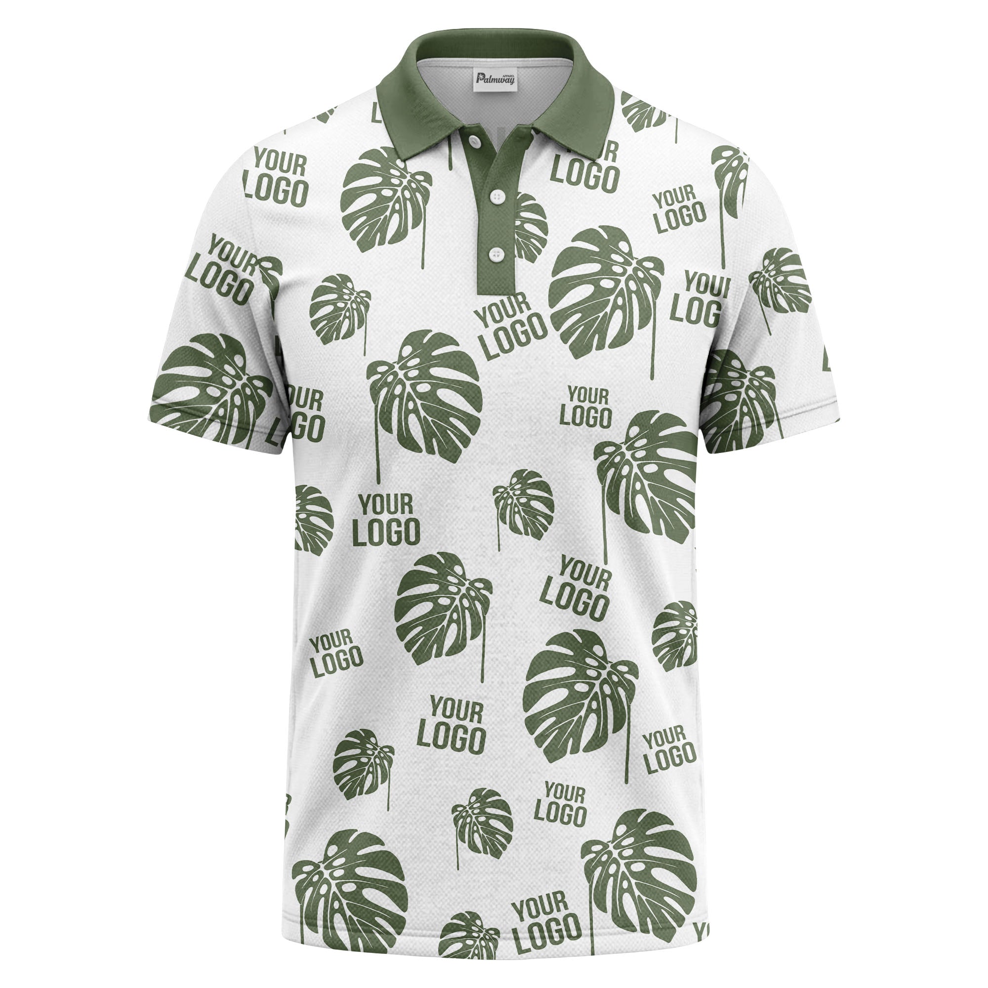 monstera leaves & custom logo repeat black white hawaiian polo shirt