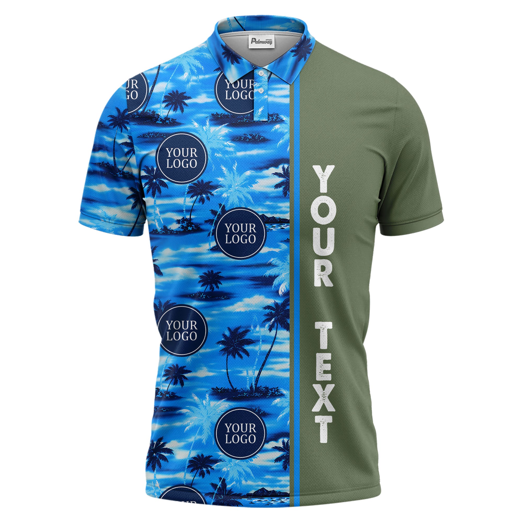 oceanic palm trees & circular logo repeat navy blue tropical beach polo shirt