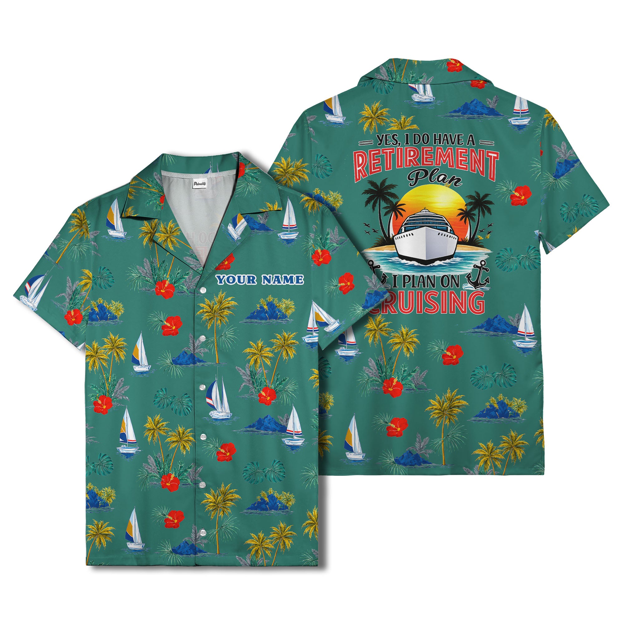palm trees sailboats hibiscus island paradise hawaiian shirt