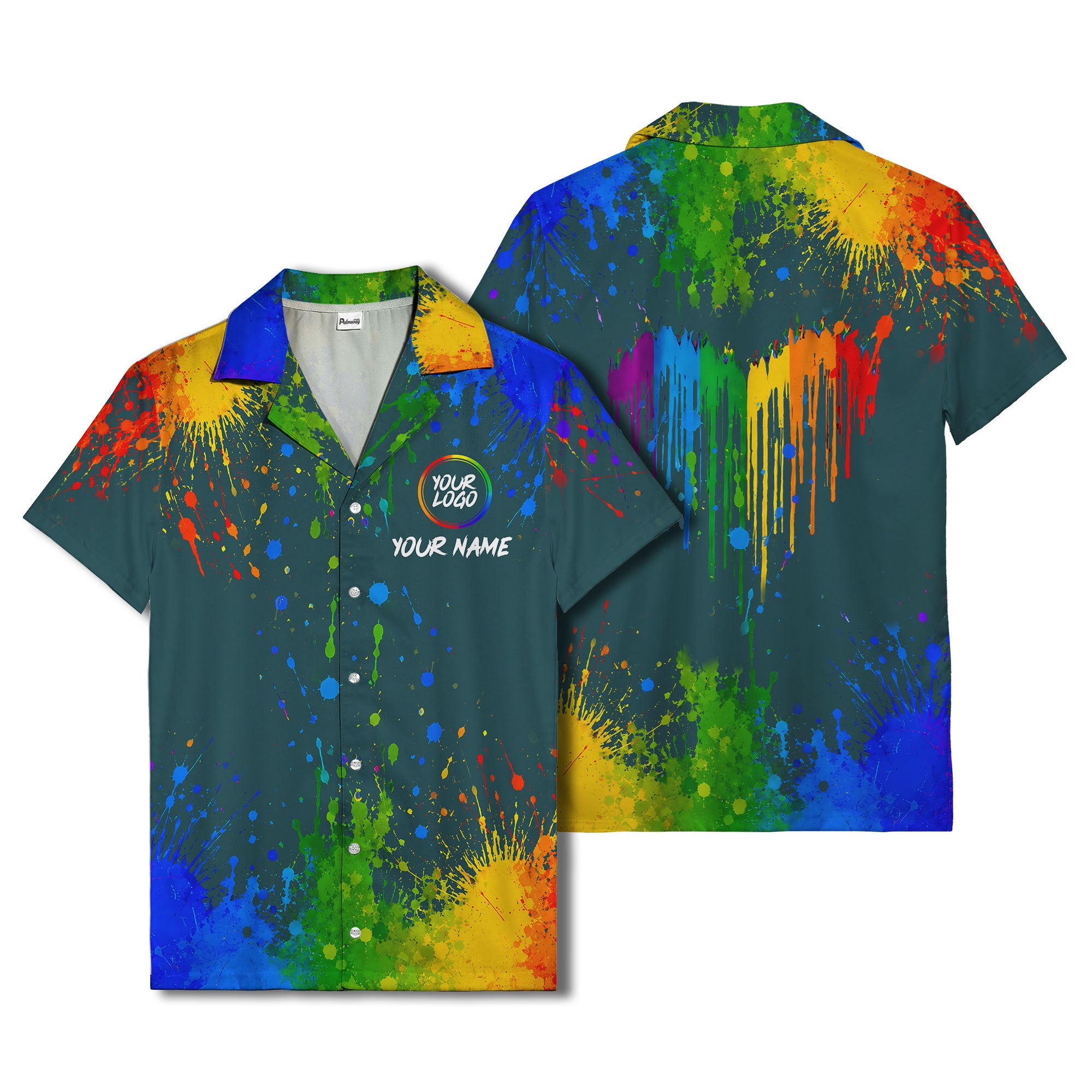 rainbow paint splatter abstract art hawaiian shirt with customizable name