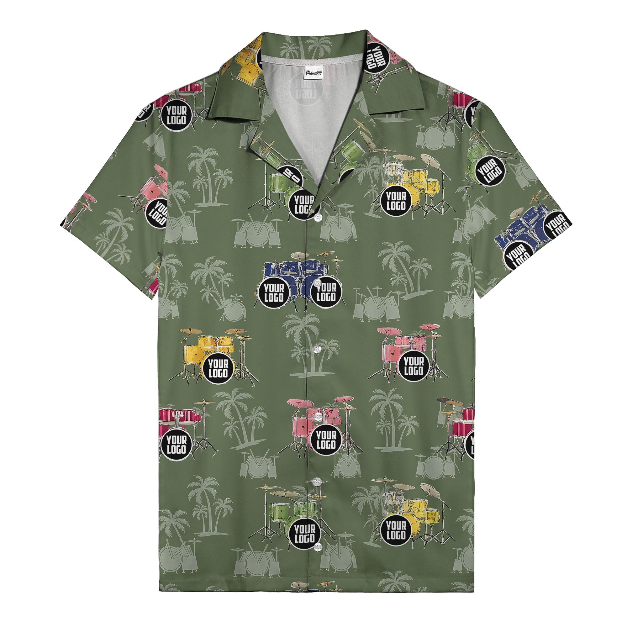 rockin' drum kits & palm trees repeat hawaiian shirt for musicians