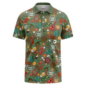 tiki masks palm trees ukuleles watercolor print polo shirt for men
