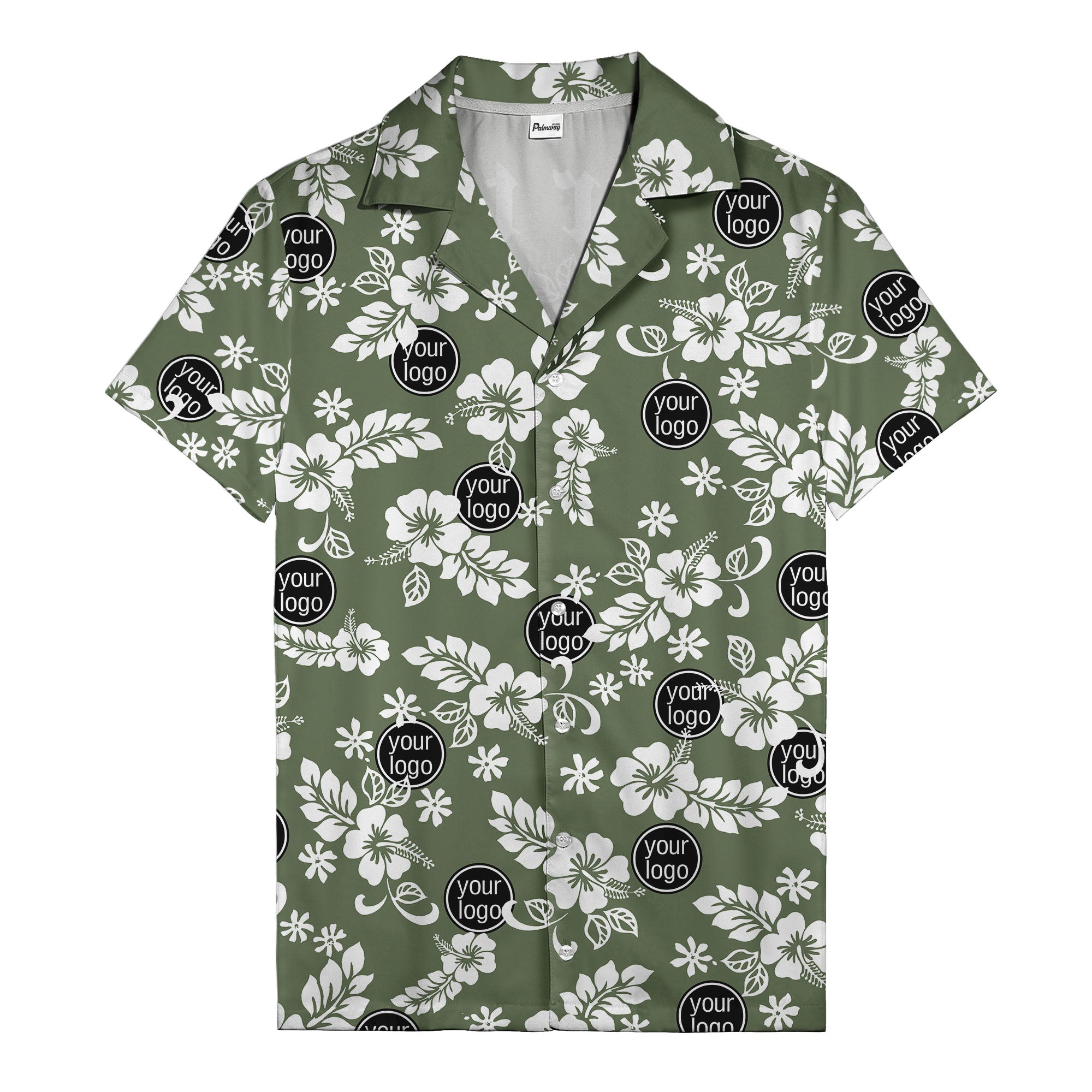 watercolor hibiscus blooms & custom logo navy blue hawaiian shirt