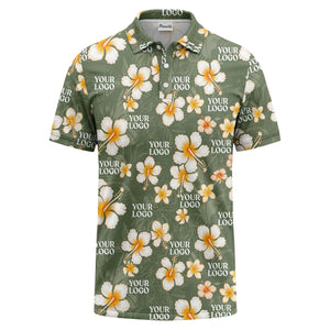 watercolor hibiscus & plumeria black aloha polo shirt for men