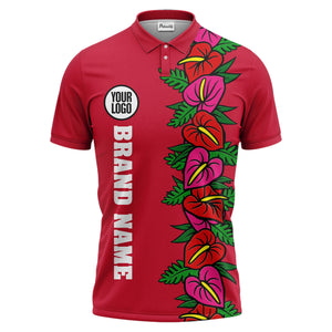 anthurium & emerald leaf stripe coral red polo shirt for men