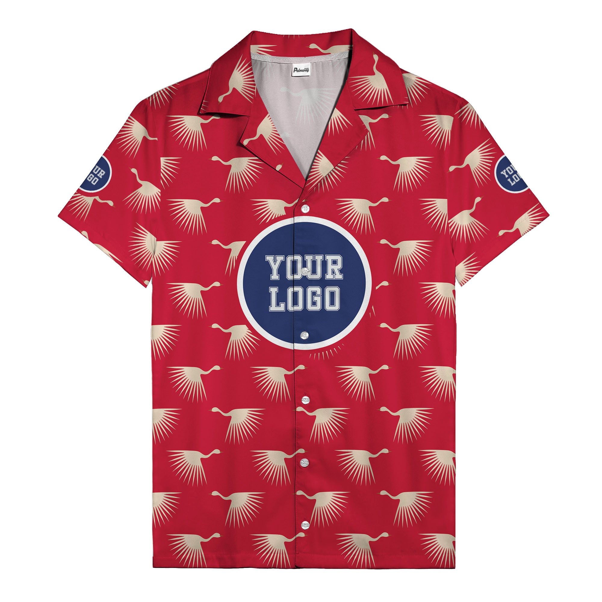 art deco crane silhouette logo beige navy hawaiian shirt