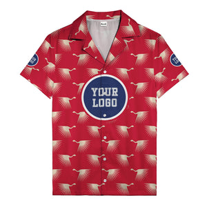 art deco crane silhouette logo beige navy hawaiian shirt