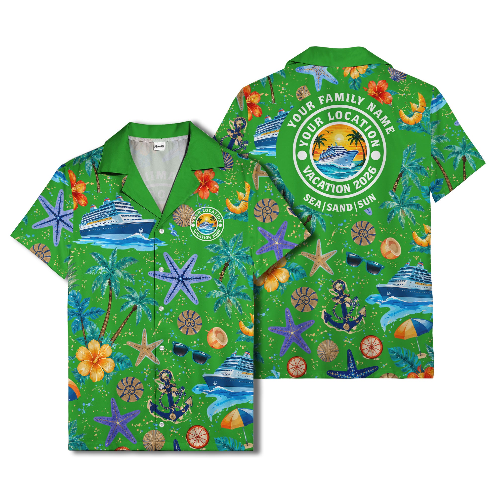 cruise ship palm trees starfish watercolor hawaiian shirt