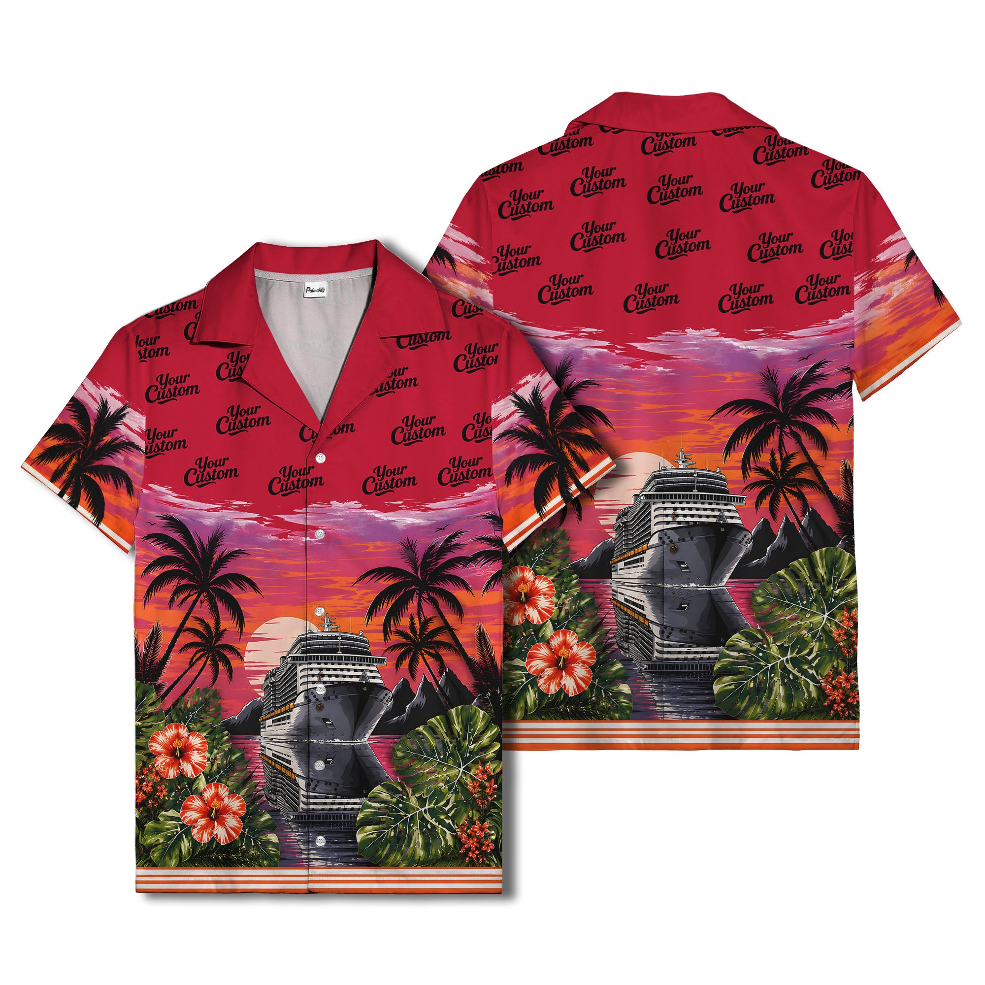 cruise ship sunset palm trees hibiscus flowers hawaiian shirt for men