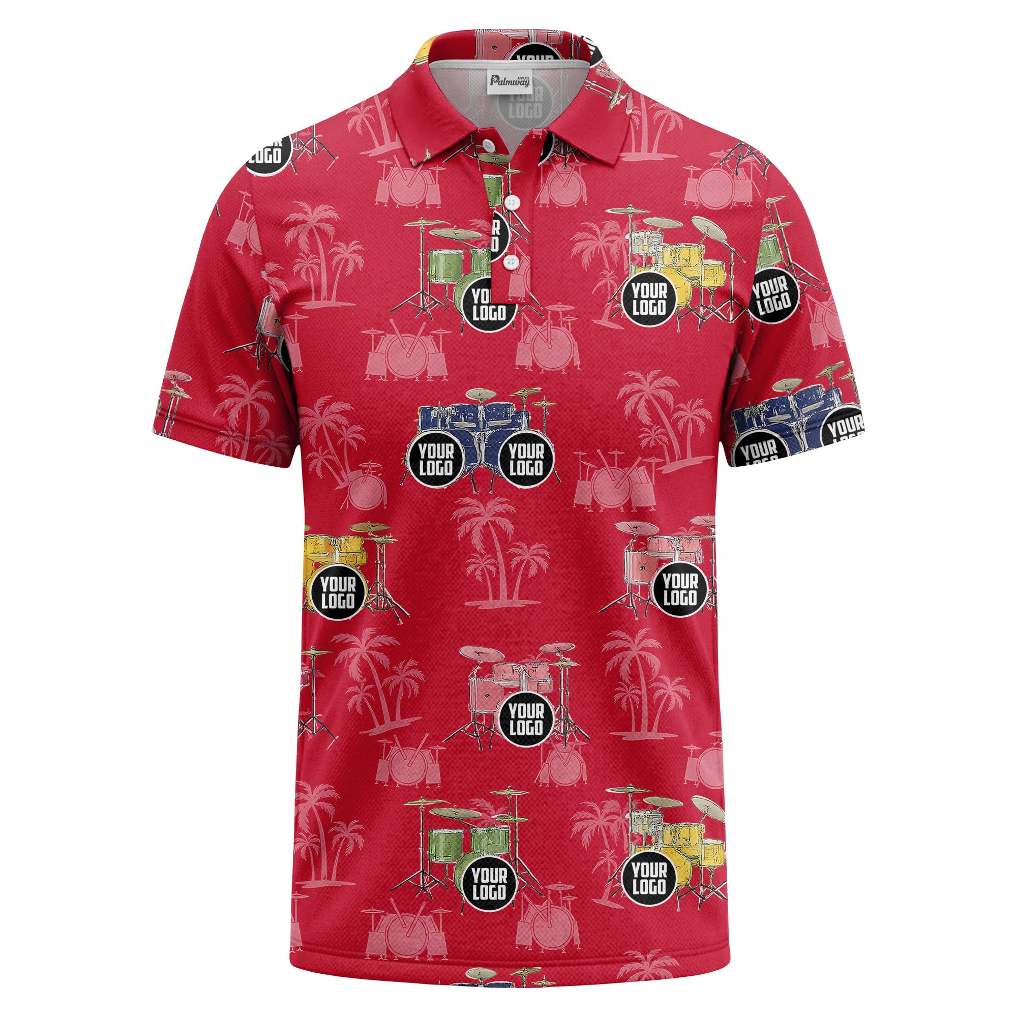 drum kit & palm tree repeat rock band polo shirt for men