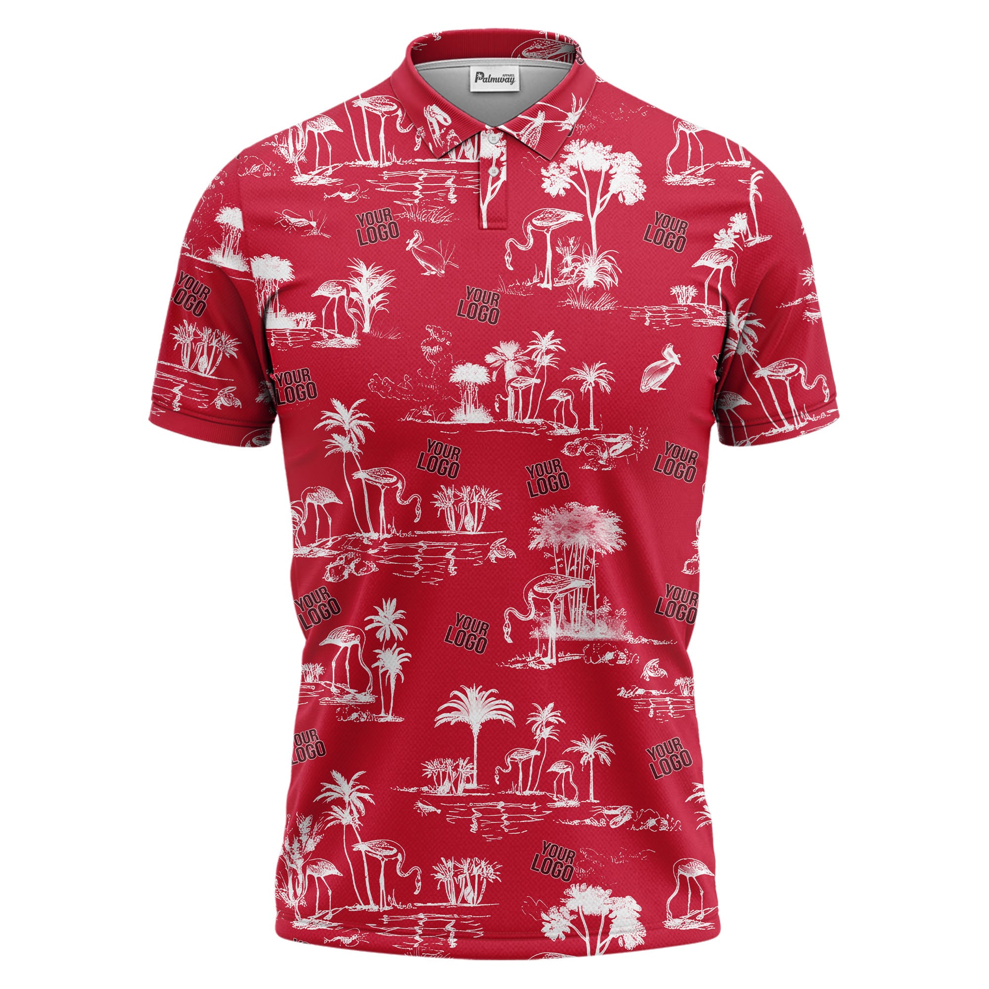 flamingo oasis palm trees sketch pattern black white polo shirt for men