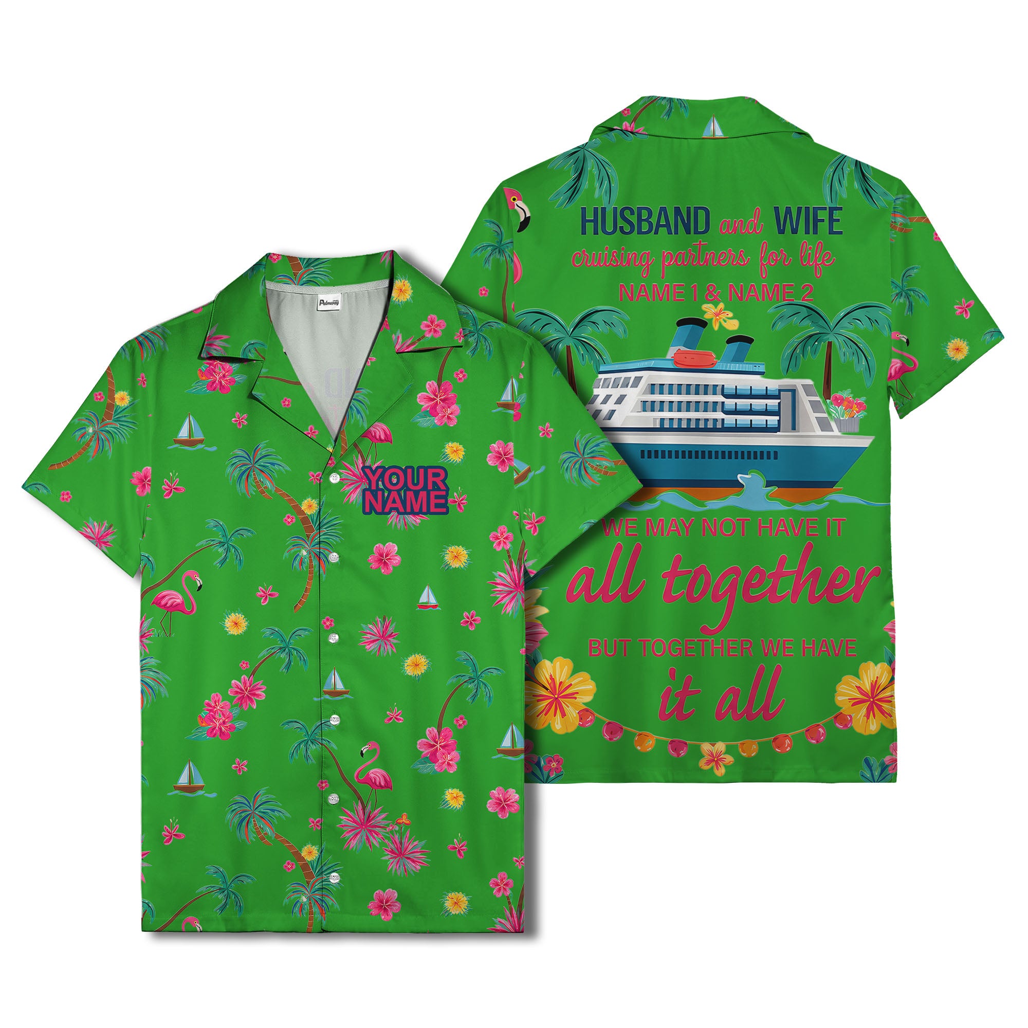 flamingo sailboat hibiscus palm watercolor hawaiian shirt