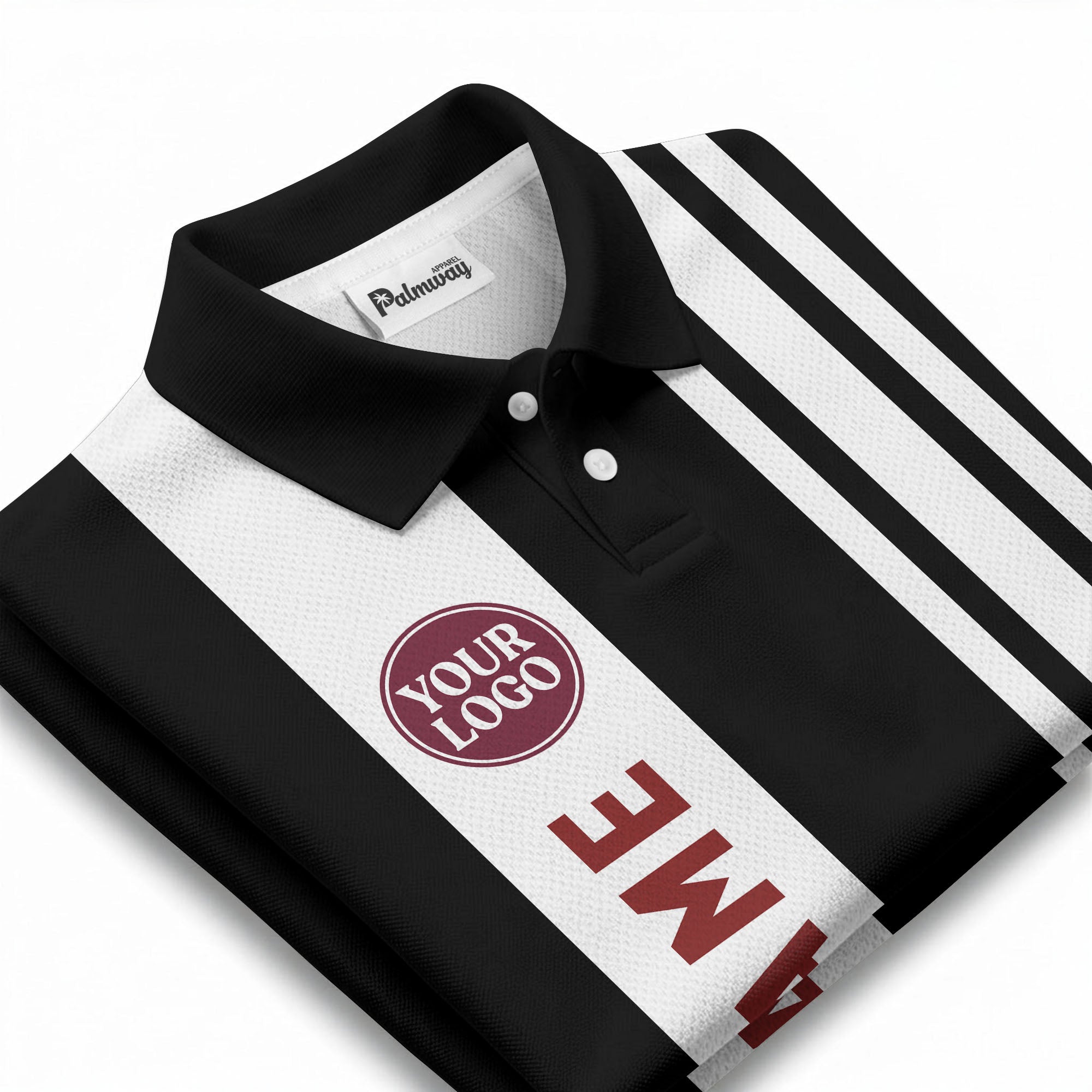 Geometric Maroon Black White Striped Team Polo Shirt With Custom Text Panel