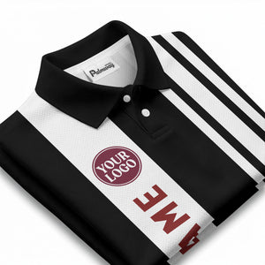 Geometric Maroon Black White Striped Team Polo Shirt With Custom Text Panel