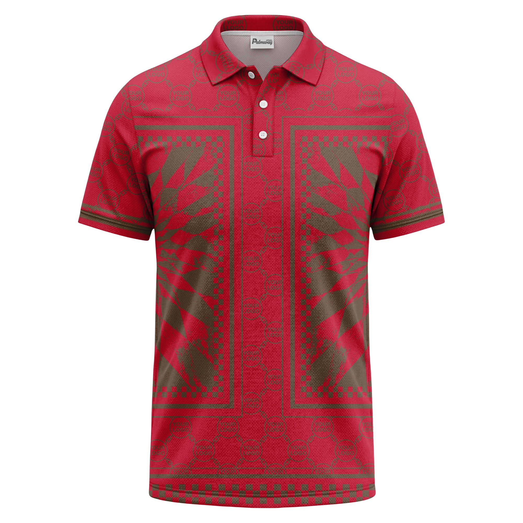 geometric palm leaves checkerboard border polo shirt