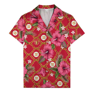 gold chain & pink hibiscus watercolor hawaiian shirt for men
