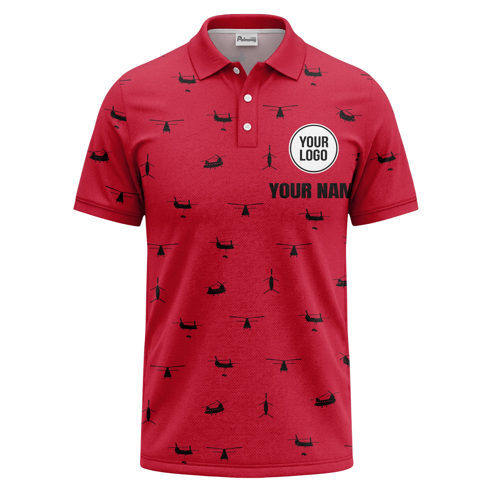 helicopter silhouette repeat pattern custom logo men's aviation polo shirt