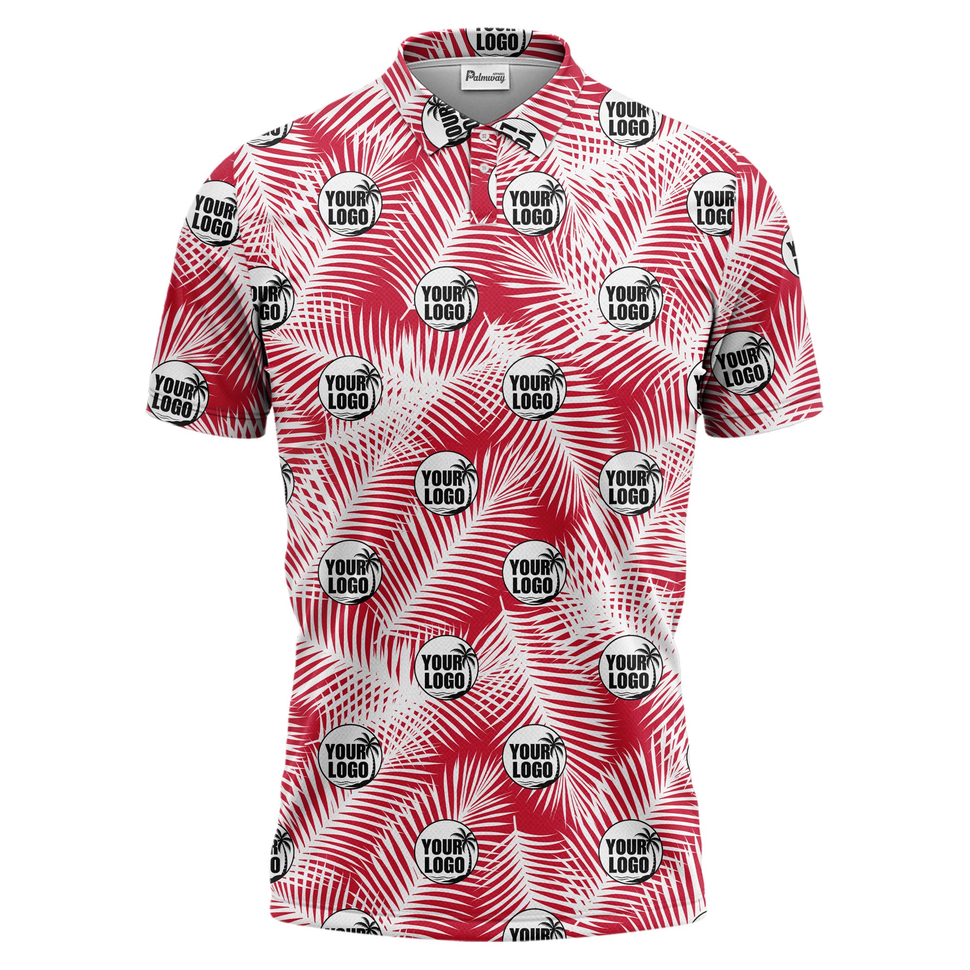illustrated palm leaf logo repeating tropical polo shirt for men