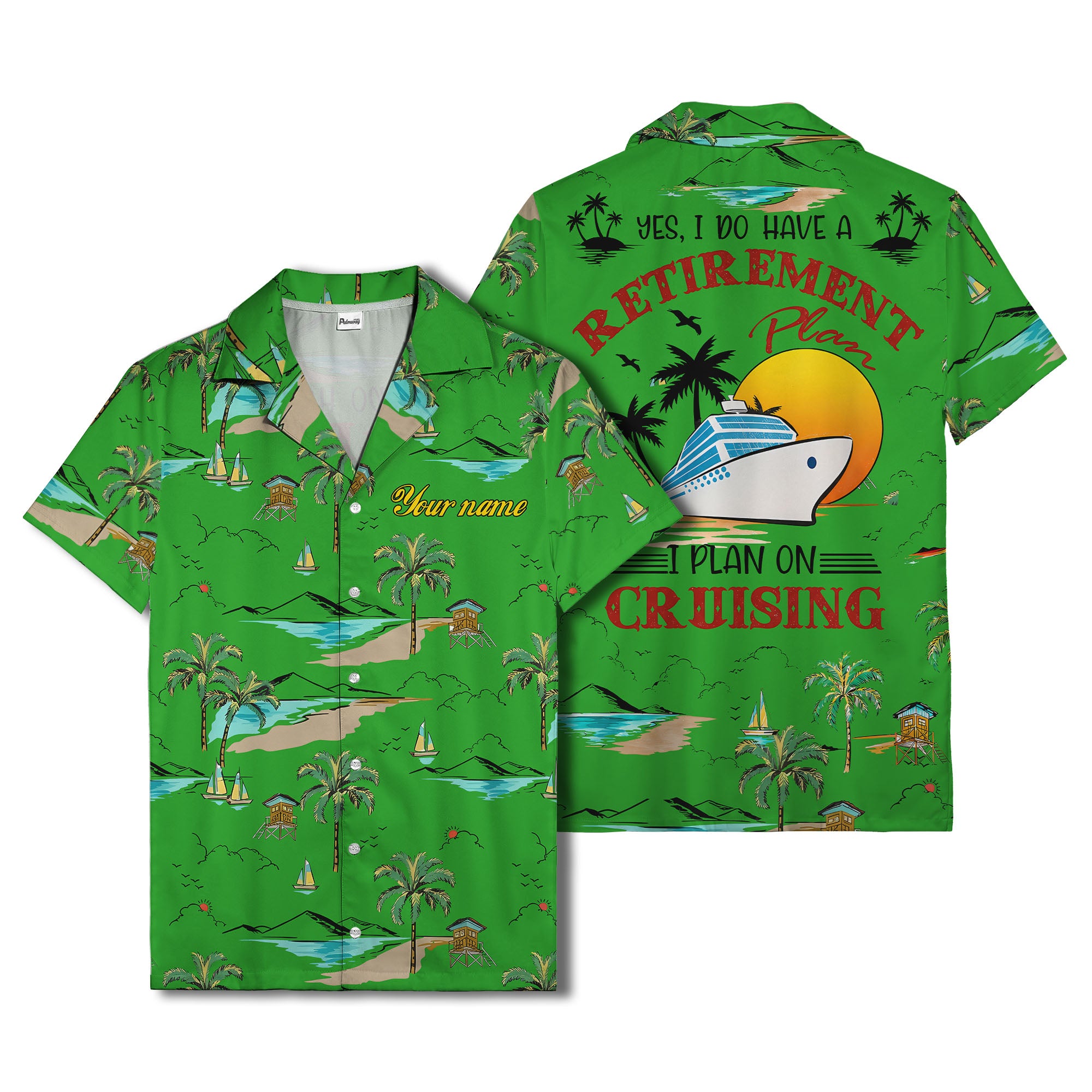 island paradise palm trees & sailboats sunset hawaiian shirt