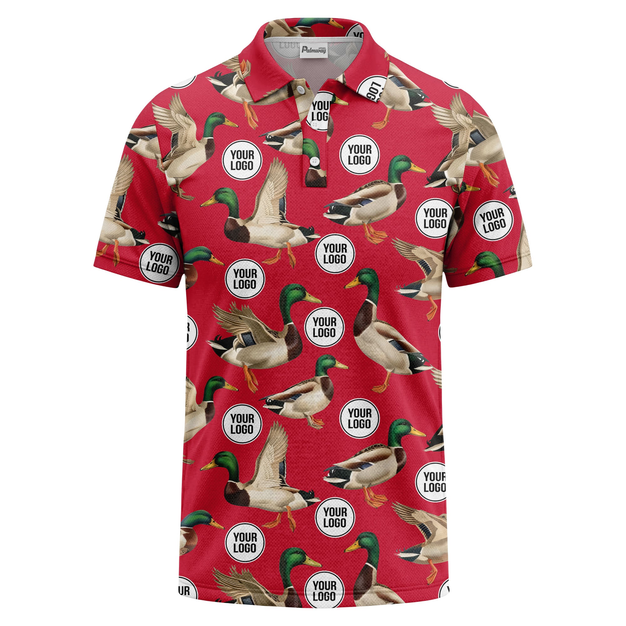 mallard duck flock & custom logo repeat photorealistic polo shirt