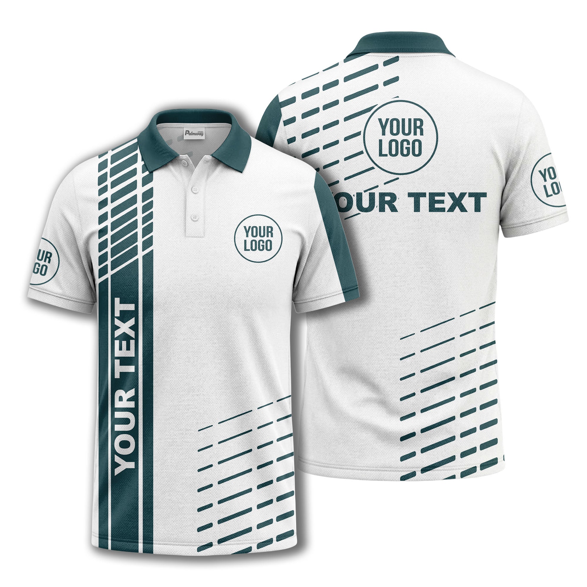 modern vertical stripe & dashed line graphic custom text logo polo shirt