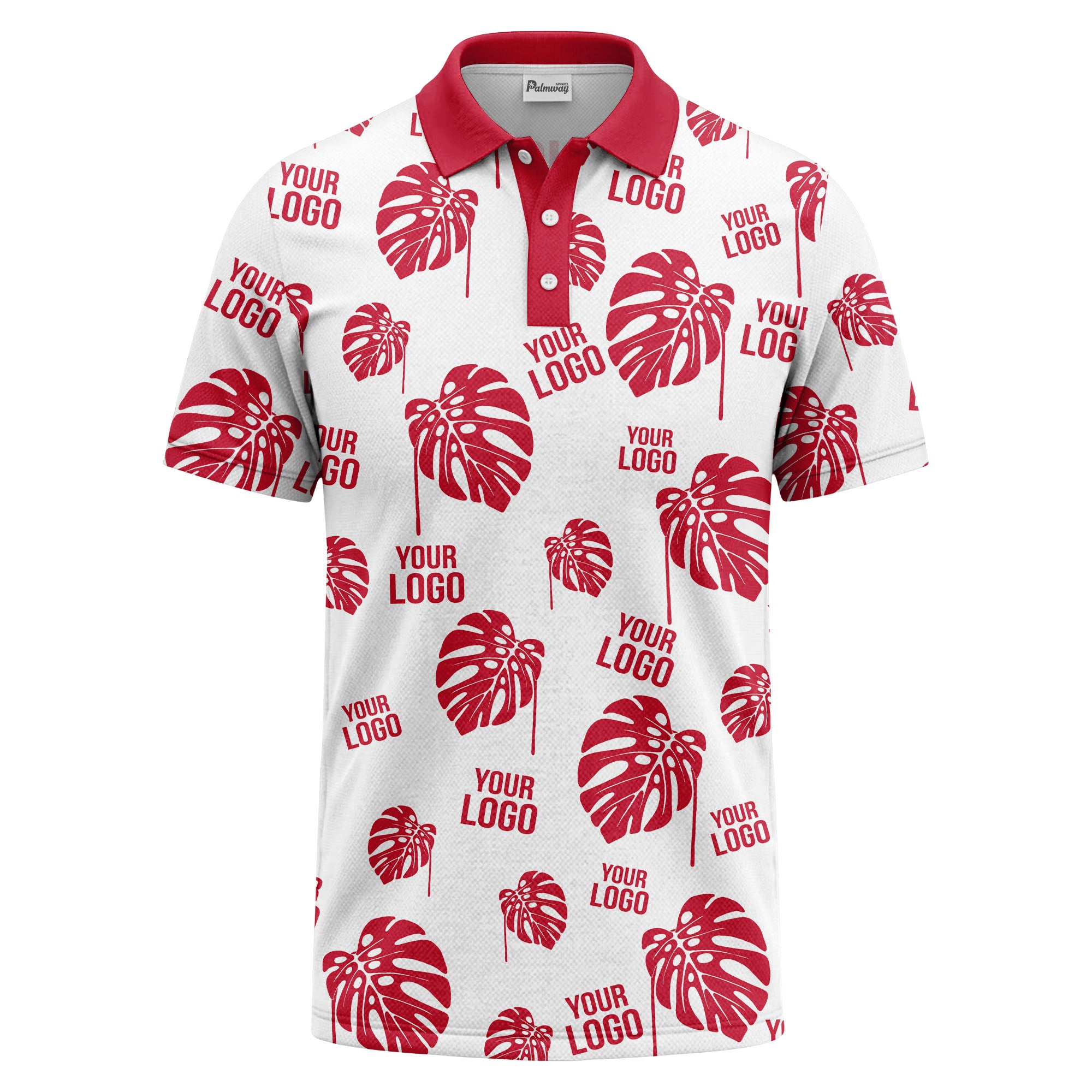 monstera leaves & custom logo repeat black white hawaiian polo shirt