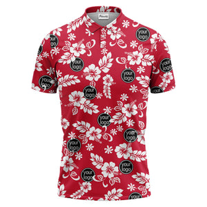 navy blue watercolor hibiscus & custom logo repeat pattern polo shirt