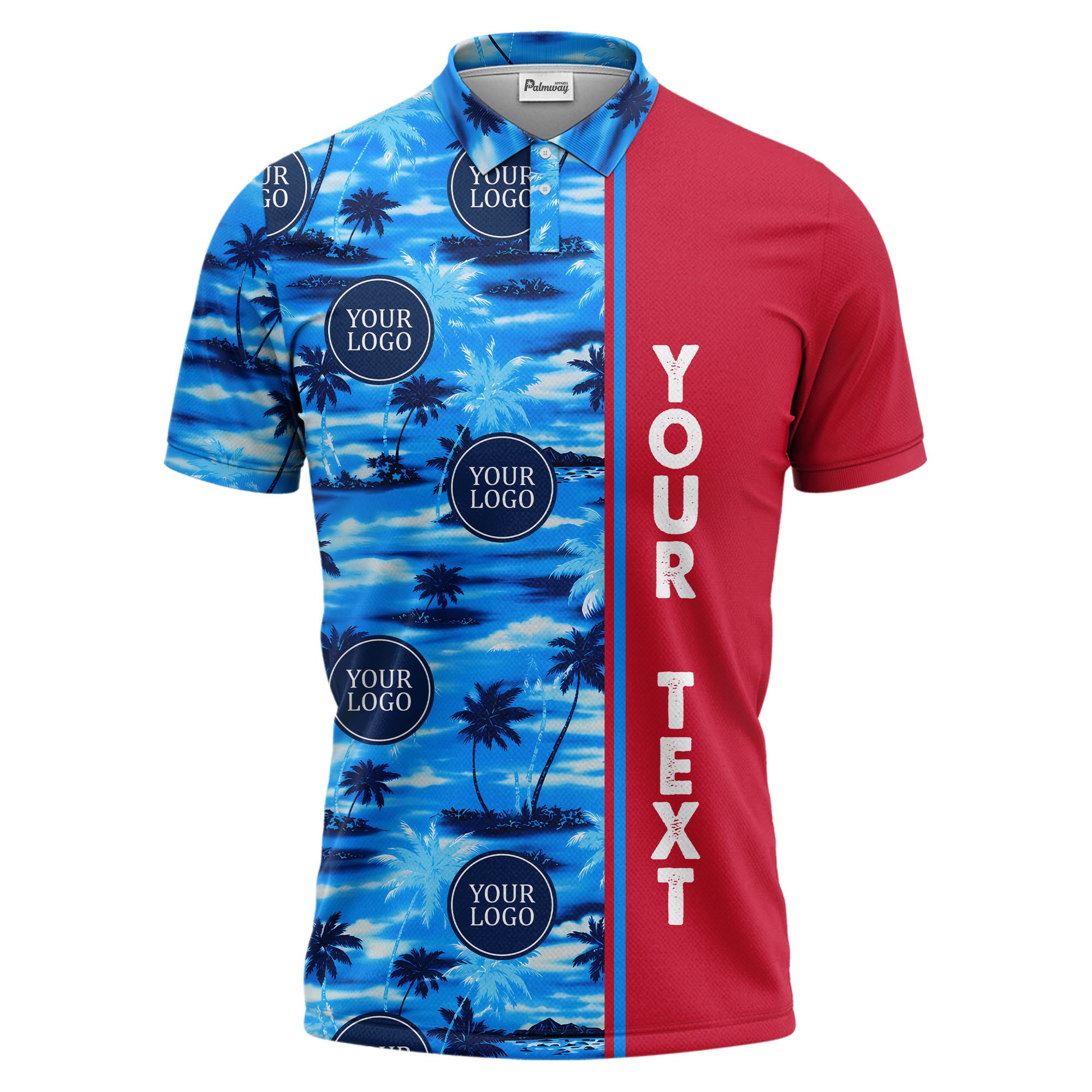 oceanic palm trees & circular logo repeat navy blue tropical beach polo shirt