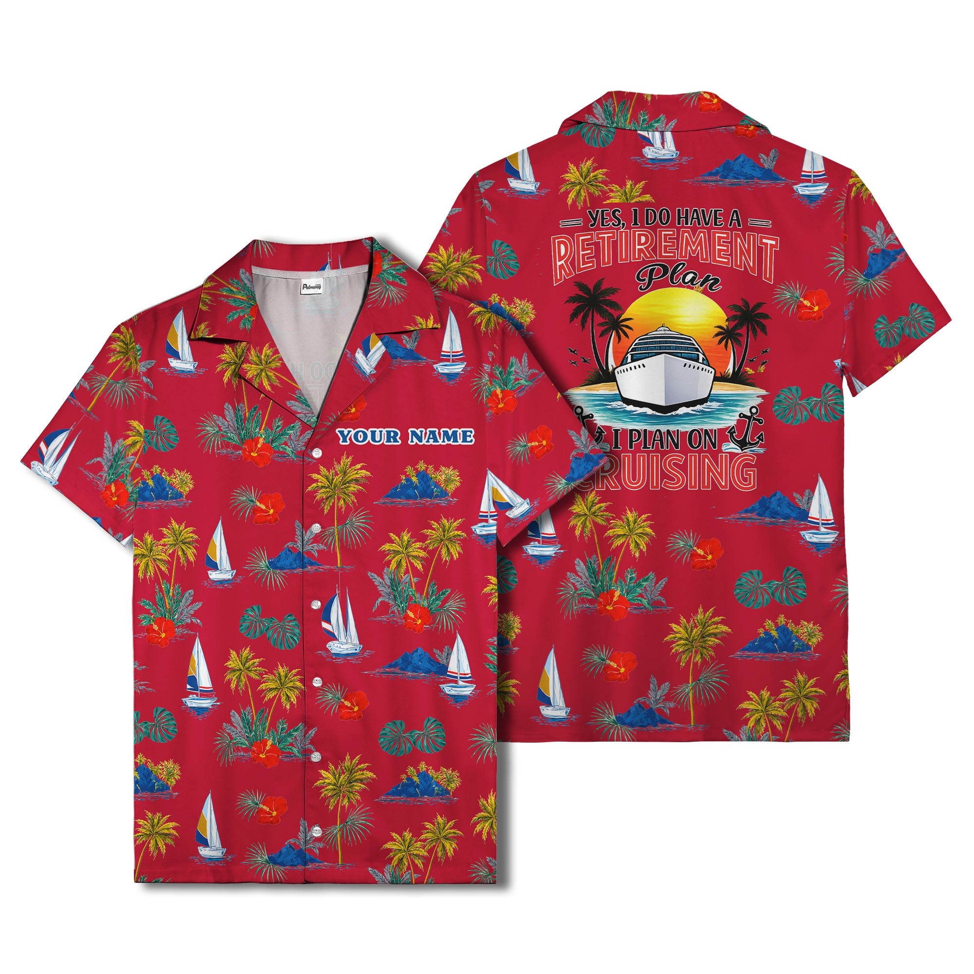 palm trees sailboats hibiscus island paradise hawaiian shirt
